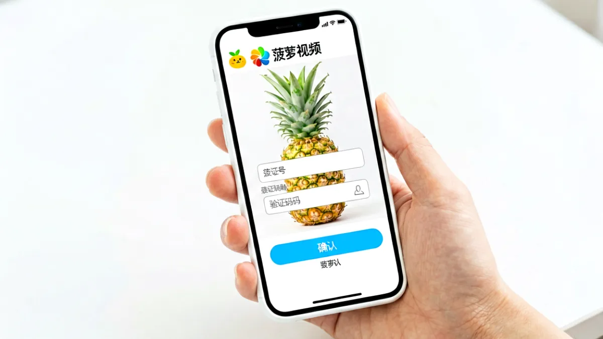 一只手正在智能手机上打开菠萝视频注册页面，屏幕显示手机号验证码输入界面，背景是简洁的白色界面设计