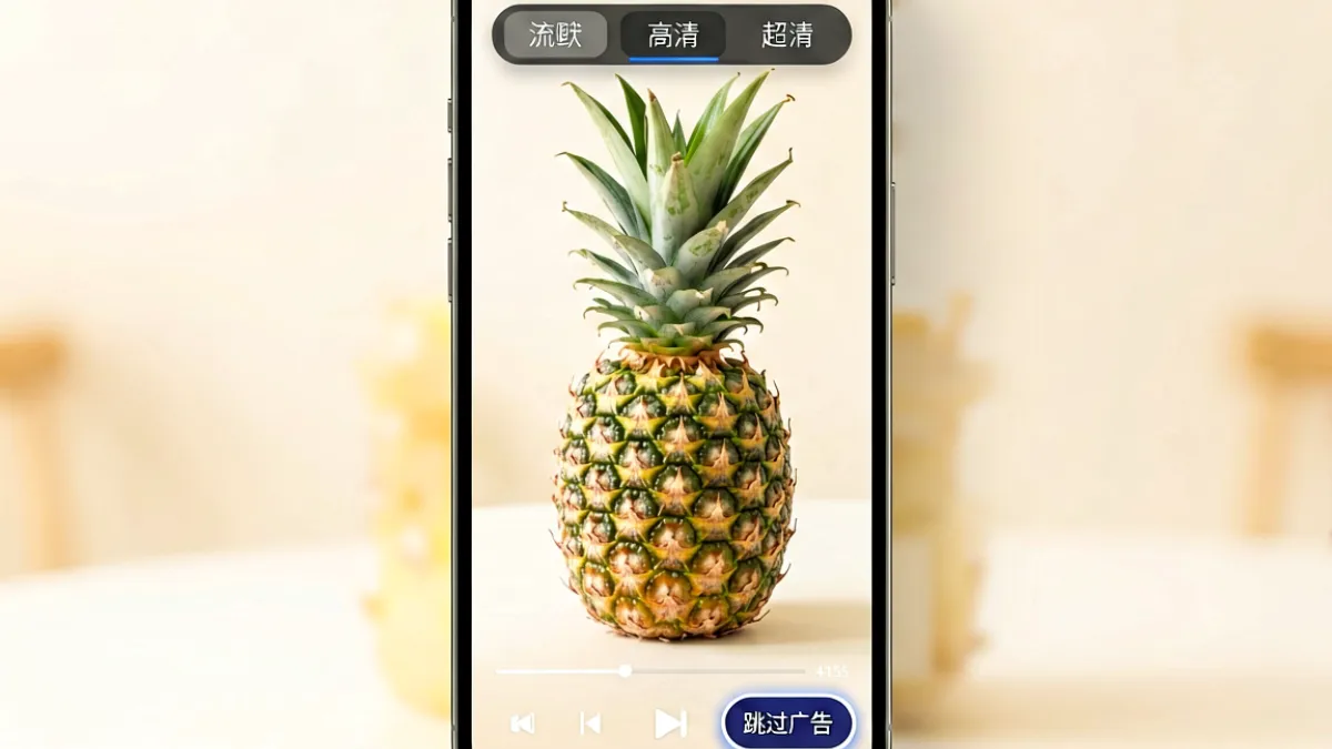 菠萝视频播放界面截图展示清晰度和广告跳过按钮的位置，界面整体简洁无多余弹窗干扰